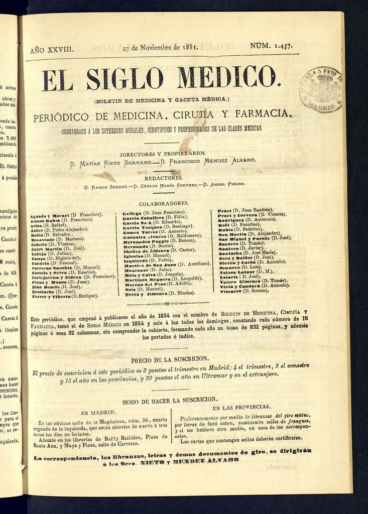 Miniatura de El Siglo Médico: boletín de medicina y gaceta médica  del 27 de noviembre de 1881