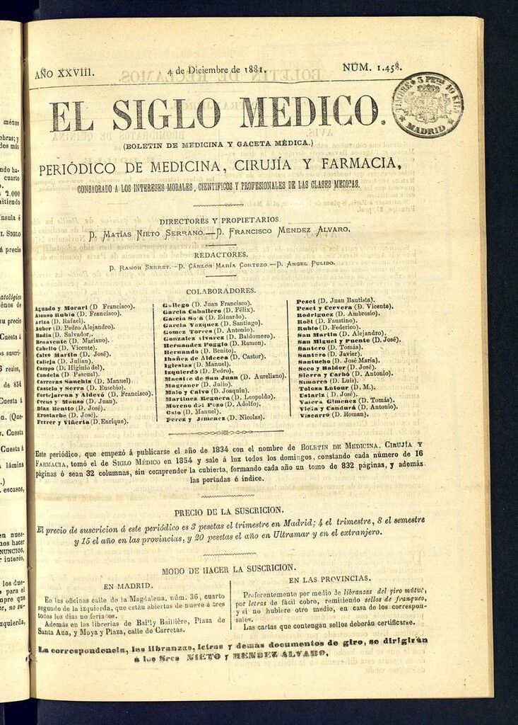 Miniatura de El Siglo Médico: boletín de medicina y gaceta médica  del 4 de diciembre de 1881