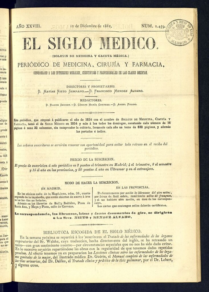 Miniatura de El Siglo Médico: boletín de medicina y gaceta médica  del 11 de diciembre de 1881