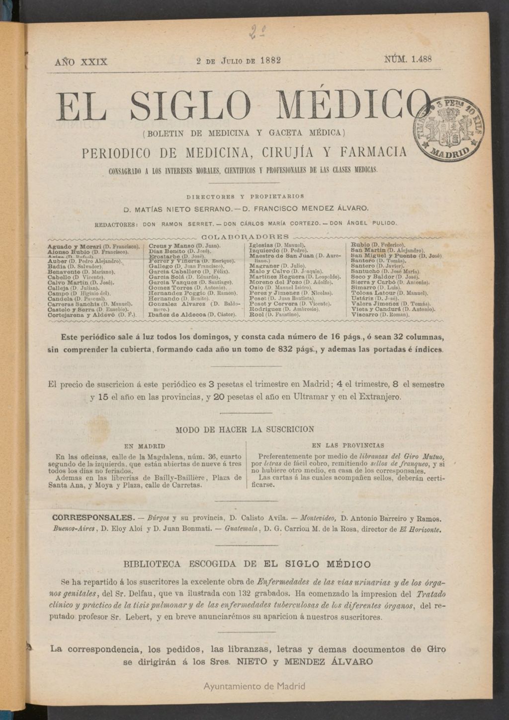 Miniatura de El Siglo Médico: boletín de medicina y gaceta médica  del 2 de julio de 1882