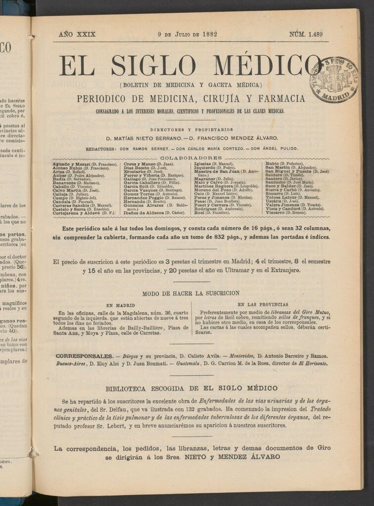 Miniatura de El Siglo Médico: boletín de medicina y gaceta médica  del 9 de julio de 1882