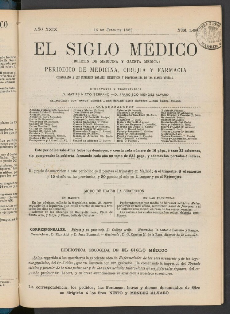Miniatura de El Siglo Médico: boletín de medicina y gaceta médica  del 16 de julio de 1882