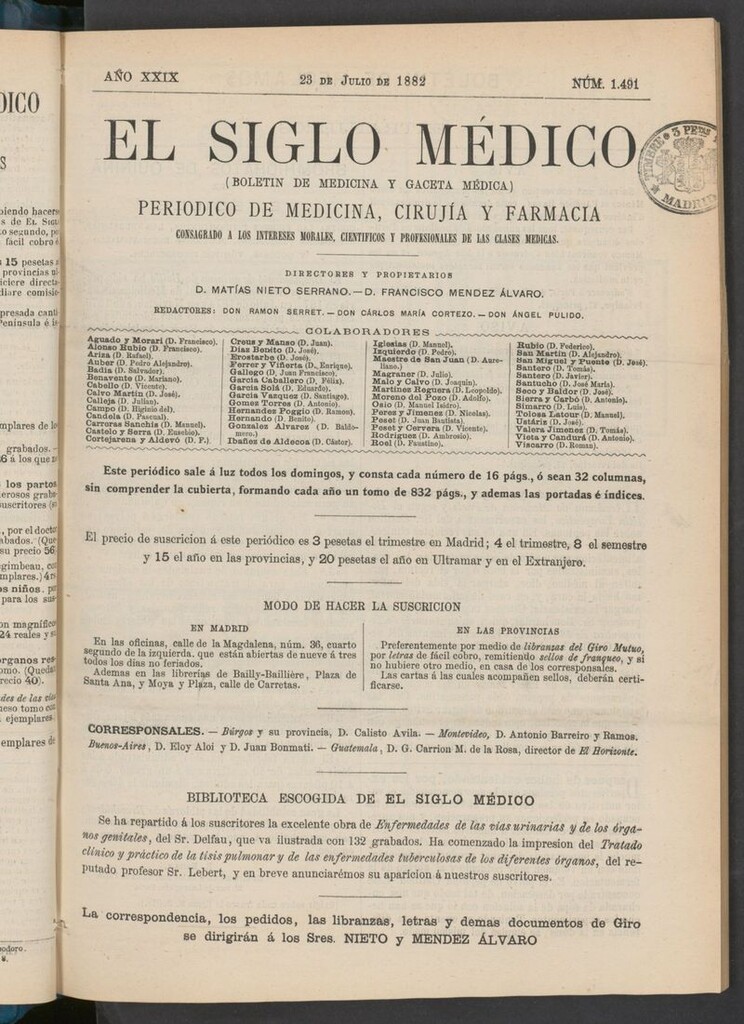 Miniatura de El Siglo Médico: boletín de medicina y gaceta médica  del 23 de julio de 1882