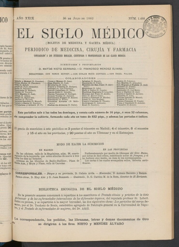 Miniatura de El Siglo Médico: boletín de medicina y gaceta médica  del 30 de julio de 1882