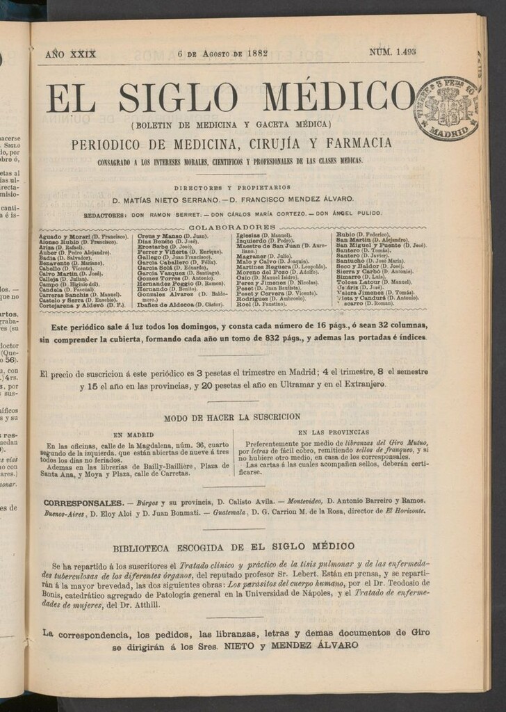 Miniatura de El Siglo Médico: boletín de medicina y gaceta médica  del 6 de agosto de 1882