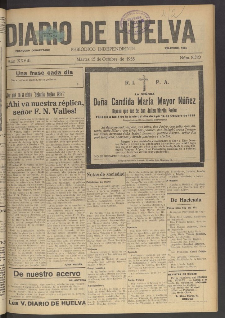 Miniatura de Diario de Huelva : periódico independiente del 15 de octubre de 1935