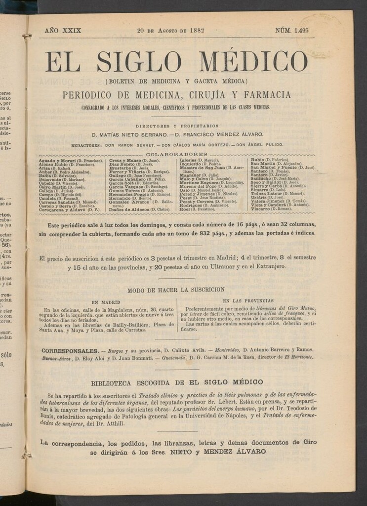 Miniatura de El Siglo Médico: boletín de medicina y gaceta médica  del 20 de agosto de 1882