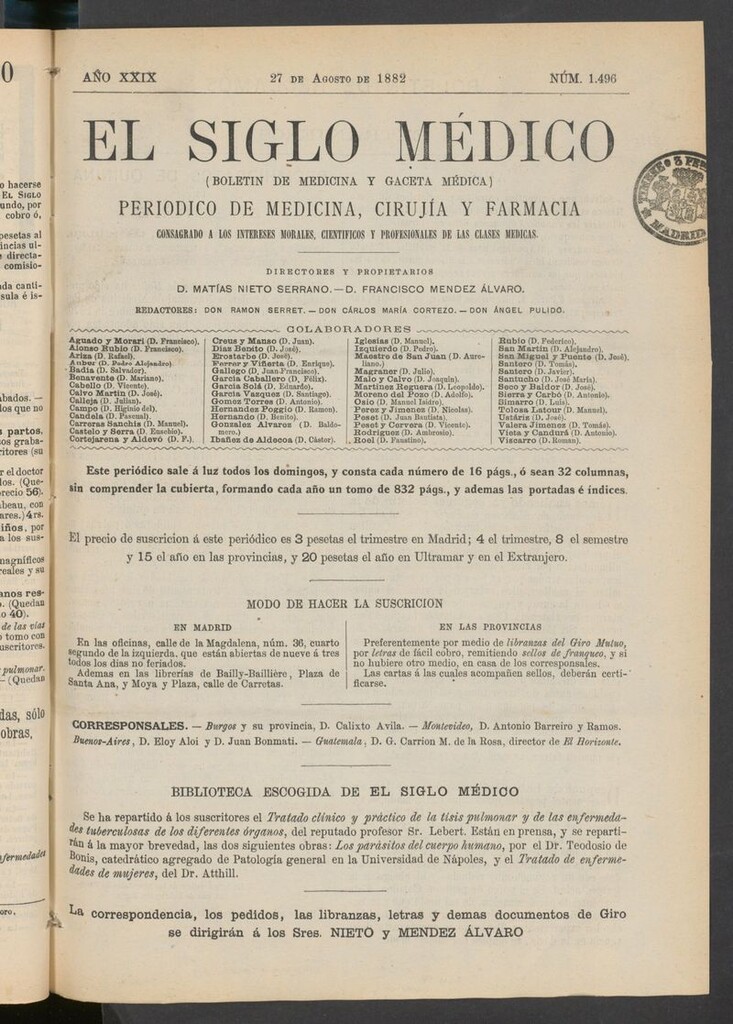 Miniatura de El Siglo Médico: boletín de medicina y gaceta médica  del 27 de agosto de 1882