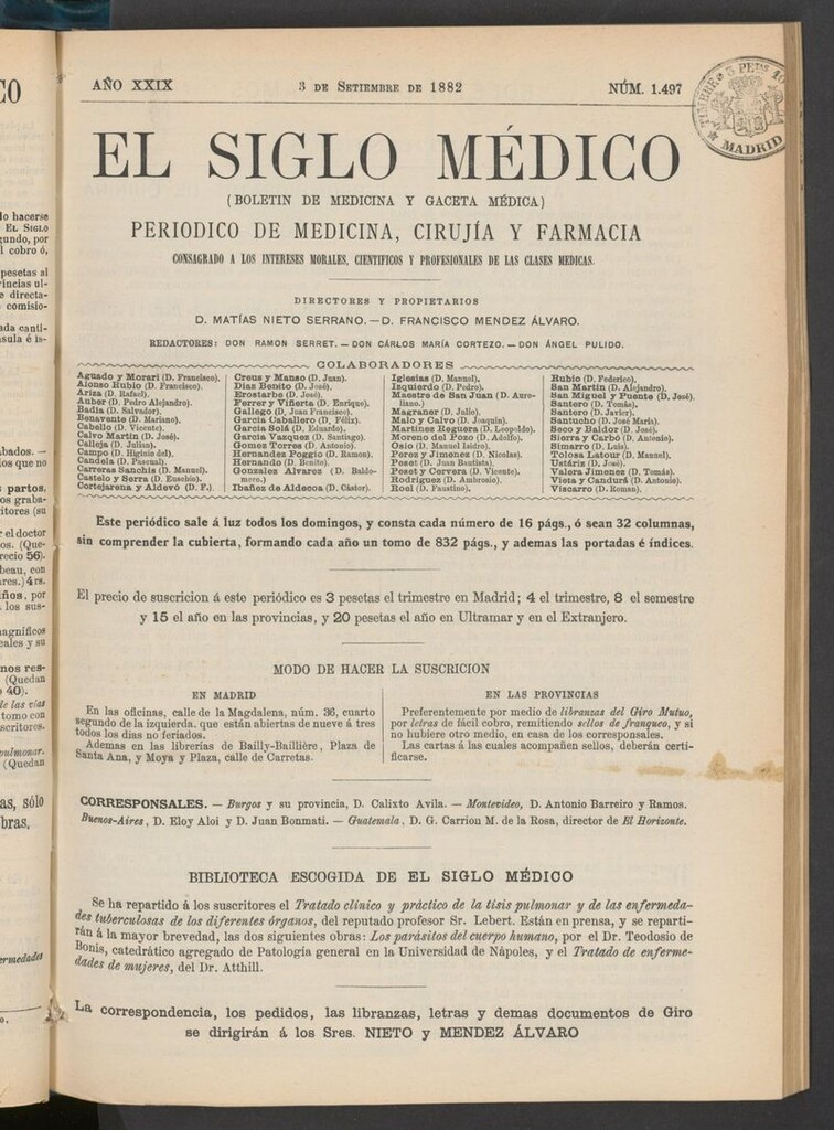 Miniatura de El Siglo Médico: boletín de medicina y gaceta médica  del 3 de septiembre de 1882
