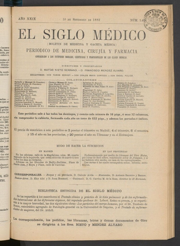 Miniatura de El Siglo Médico: boletín de medicina y gaceta médica  del 10 de septiembre de 1882