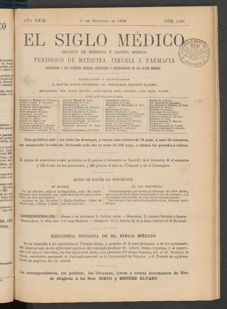 Miniatura de El Siglo Médico: boletín de medicina y gaceta médica  del 17 de septiembre de 1882