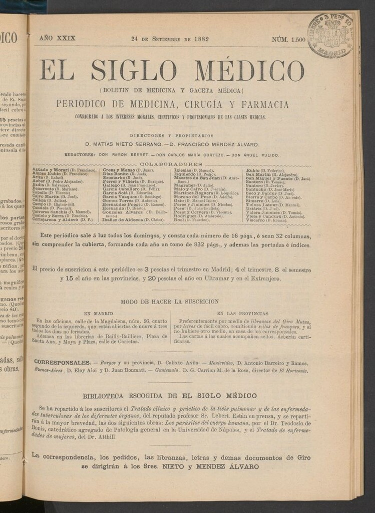 Miniatura de El Siglo Médico: boletín de medicina y gaceta médica  del 24 de septiembre de 1882
