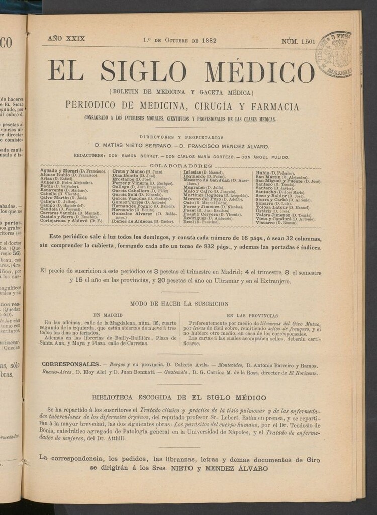 Miniatura de El Siglo Médico: boletín de medicina y gaceta médica  del 1 de octubre de 1882