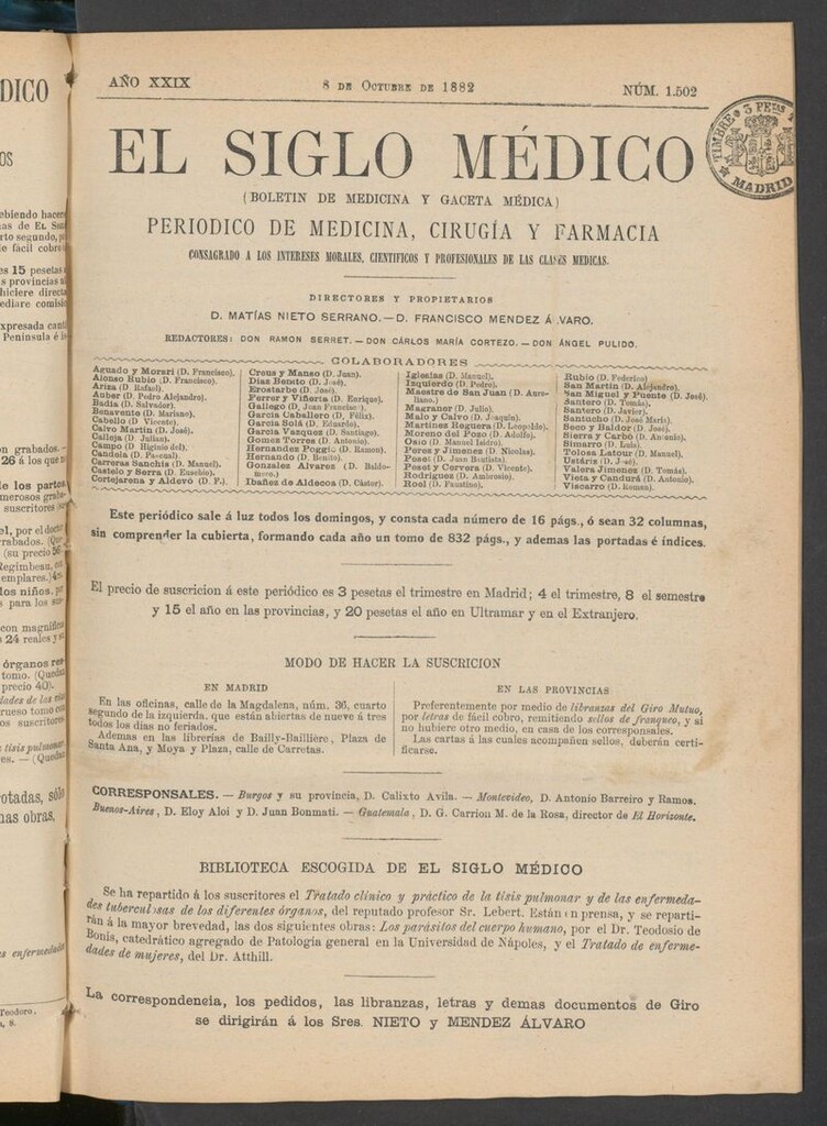 Miniatura de El Siglo Médico: boletín de medicina y gaceta médica  del 8 de octubre de 1882