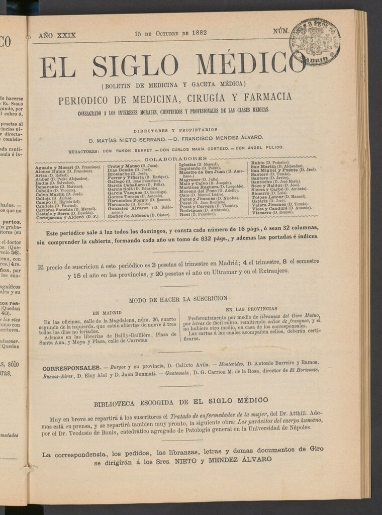 Miniatura de El Siglo Médico: boletín de medicina y gaceta médica  del 15 de octubre de 1882