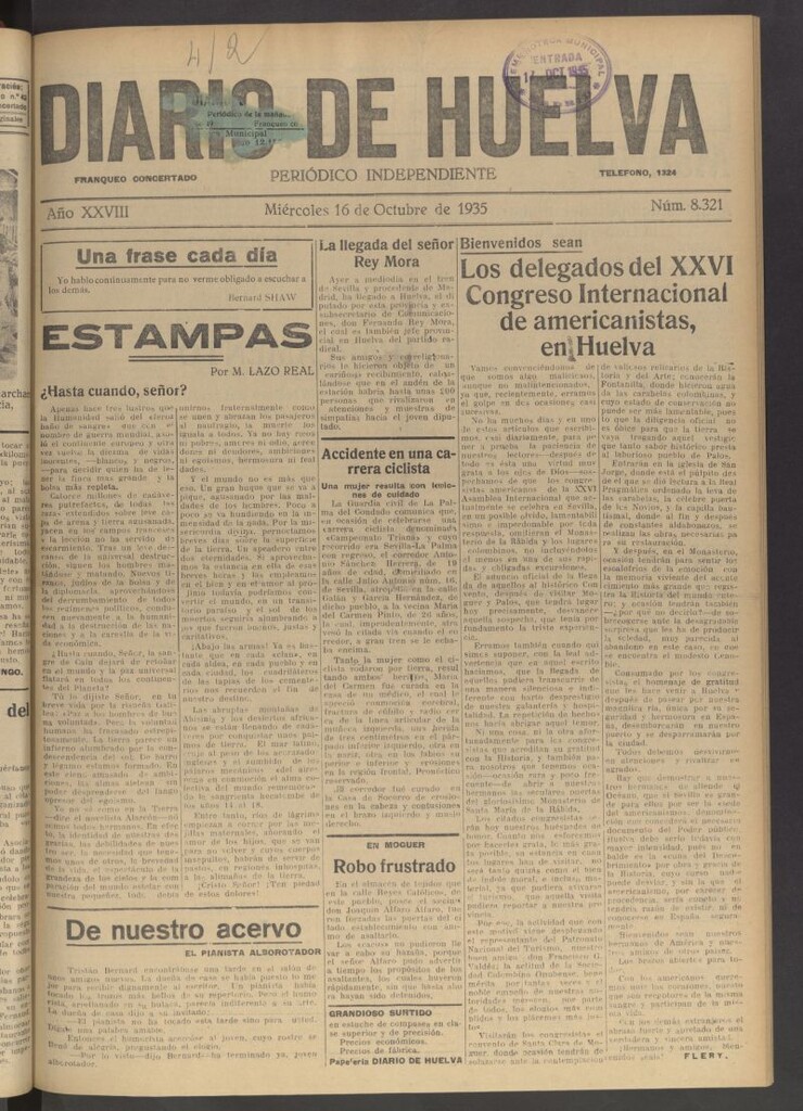 Miniatura de Diario de Huelva : periódico independiente del 16 de octubre de 1935