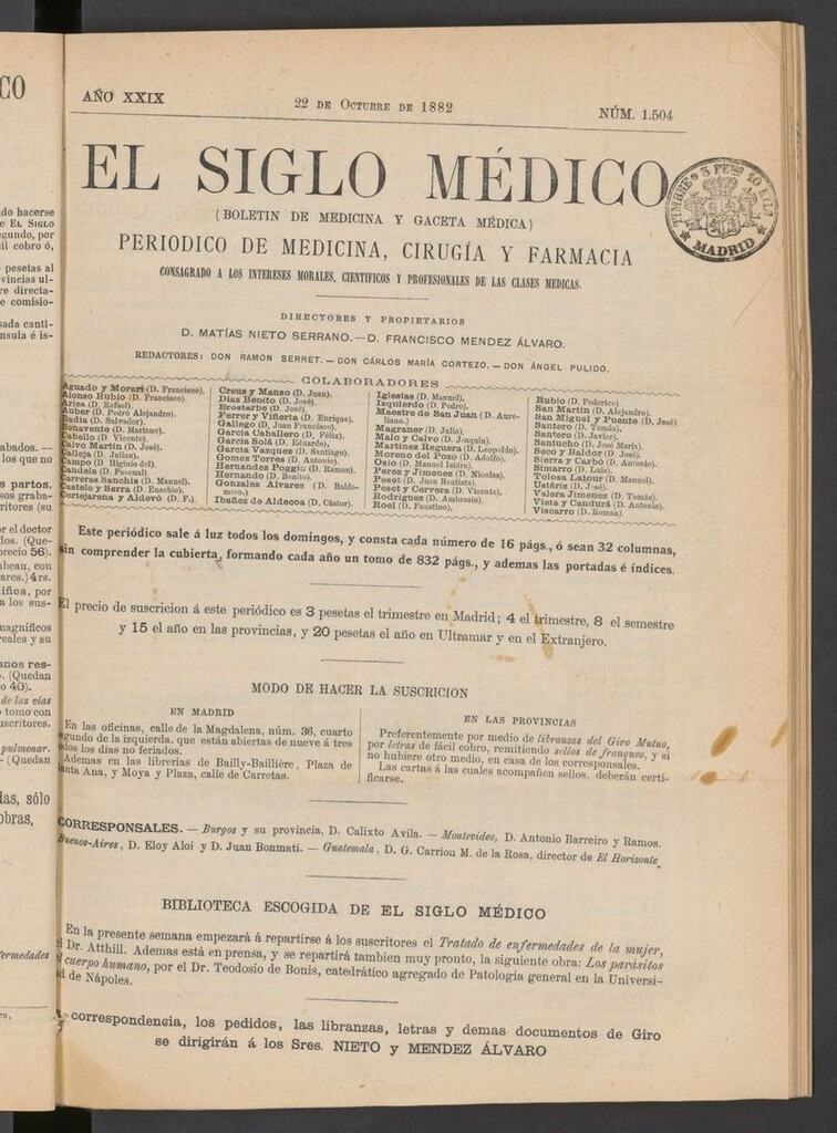 Miniatura de El Siglo Médico: boletín de medicina y gaceta médica  del 22 de octubre de 1882