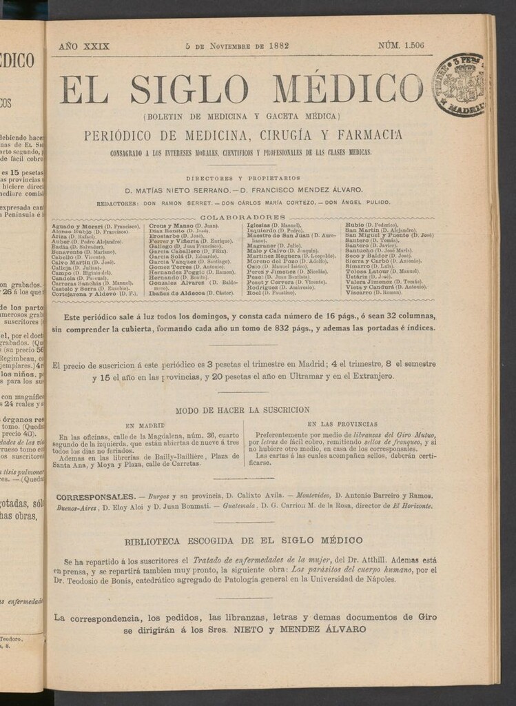 Miniatura de El Siglo Médico: boletín de medicina y gaceta médica  del 5 de noviembre de 1882