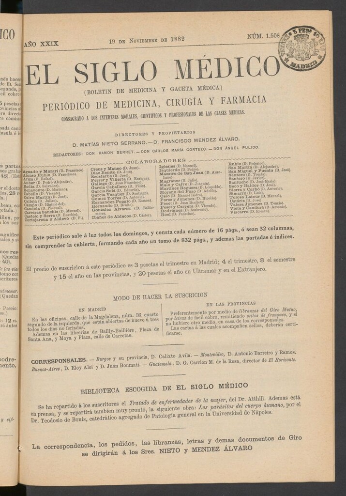 Miniatura de El Siglo Médico: boletín de medicina y gaceta médica  del 19 de noviembre de 1882