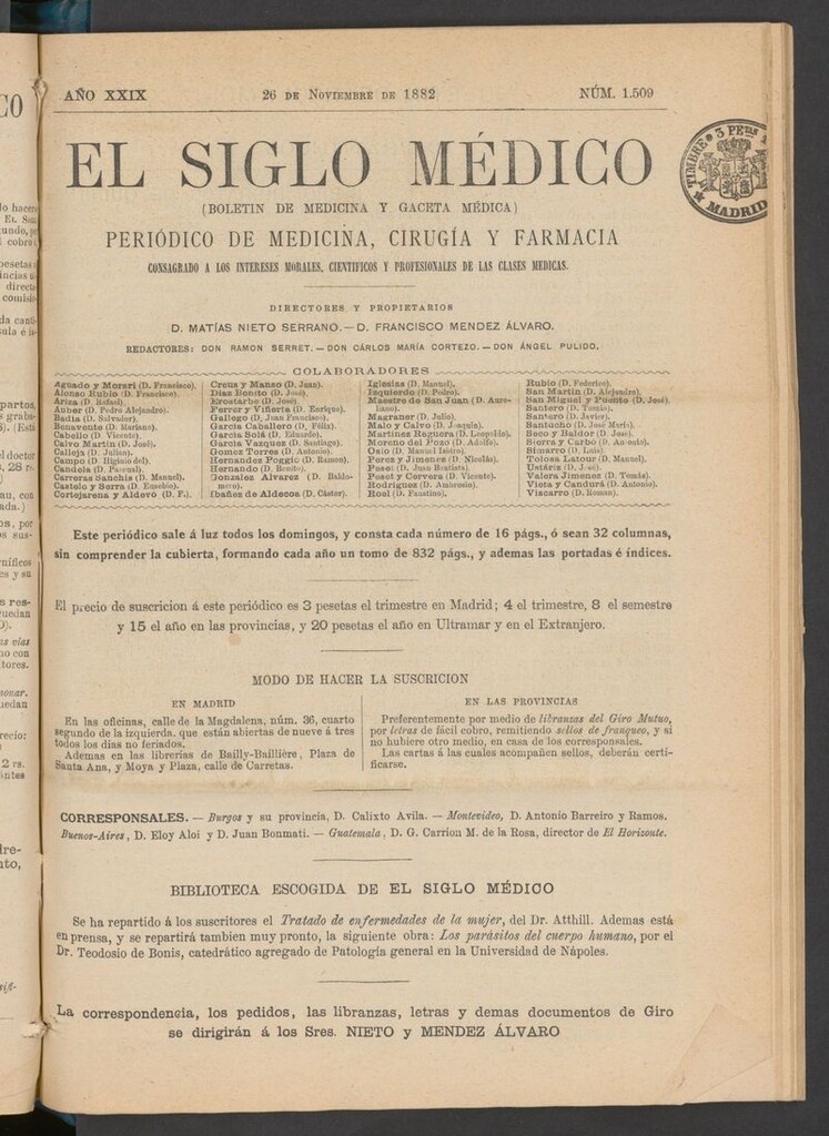 Miniatura de El Siglo Médico: boletín de medicina y gaceta médica  del 26 de noviembre de 1882