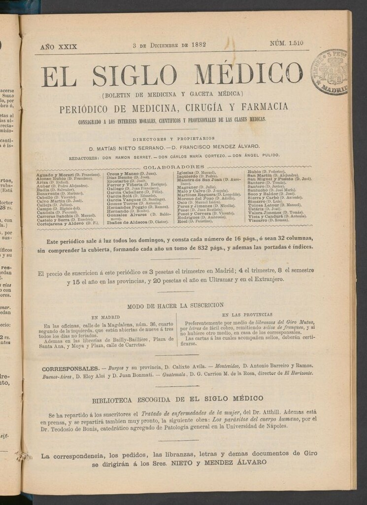 Miniatura de El Siglo Médico: boletín de medicina y gaceta médica  del 3 de diciembre de 1882