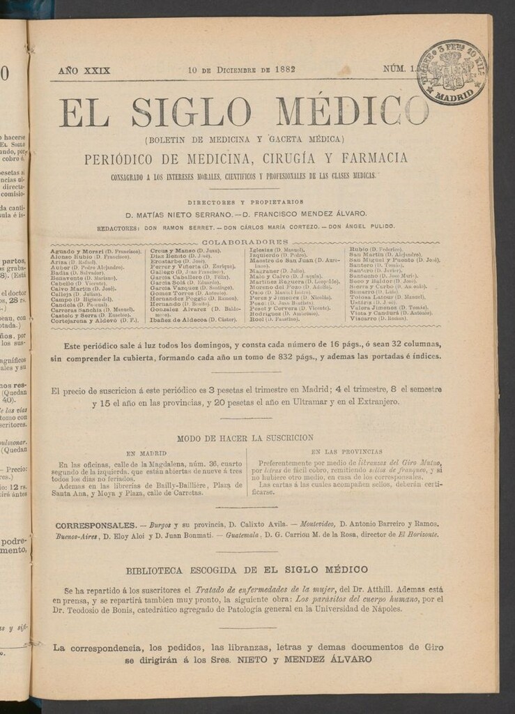 Miniatura de El Siglo Médico: boletín de medicina y gaceta médica  del 10 de diciembre de 1882
