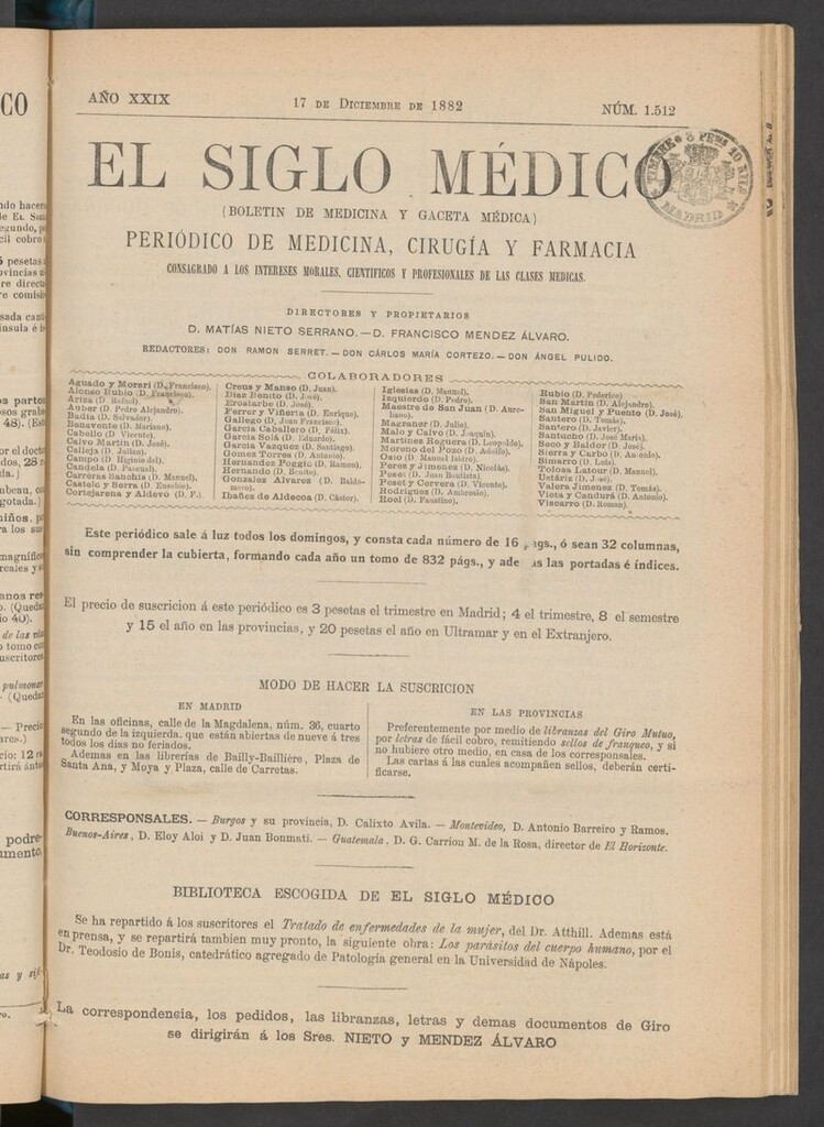 Miniatura de El Siglo Médico: boletín de medicina y gaceta médica  del 17 de diciembre de 1882