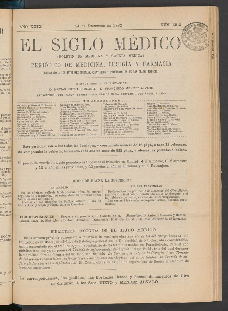Miniatura de El Siglo Médico: boletín de medicina y gaceta médica  del 24 de diciembre de 1882