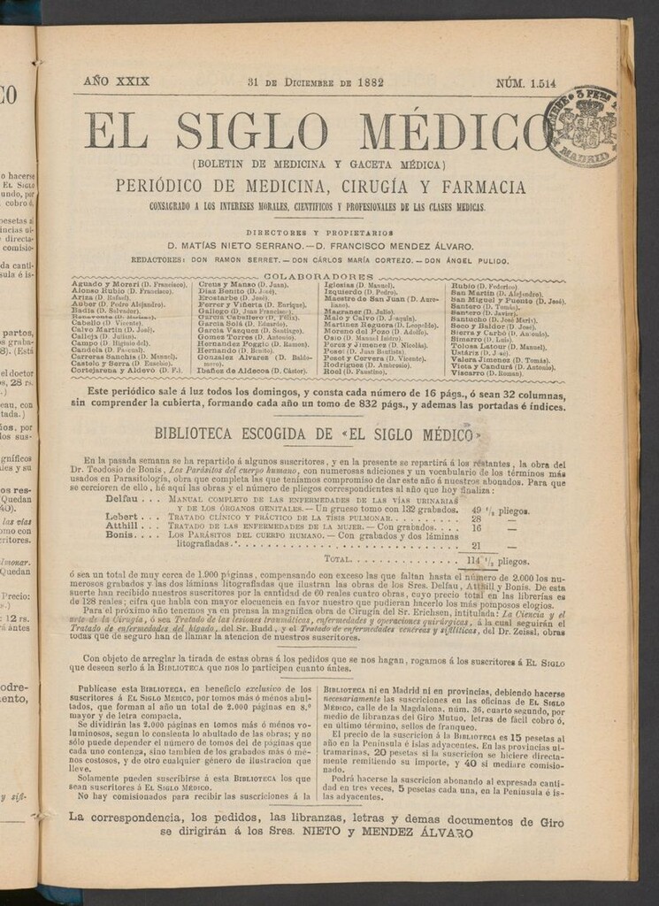 Miniatura de El Siglo Médico: boletín de medicina y gaceta médica  del 31 de diciembre de 1882