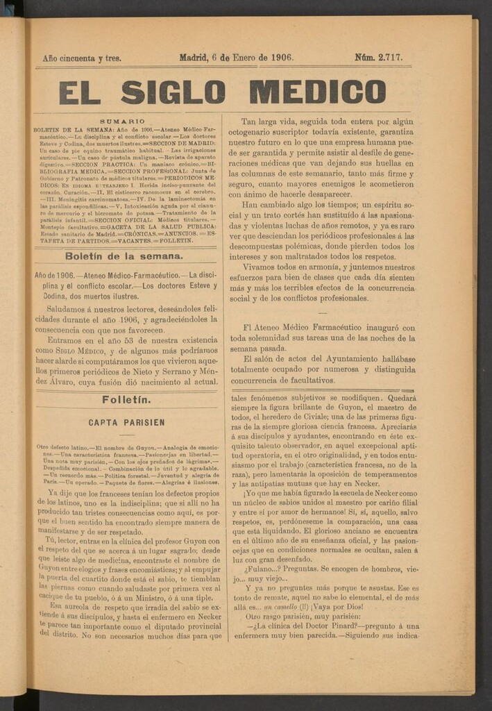 Miniatura de El Siglo Médico: boletín de medicina y gaceta médica del 6 de enero de 1906