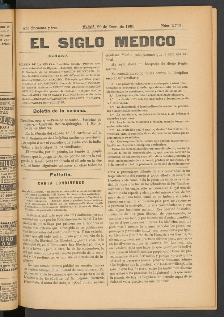 Miniatura de El Siglo Médico: boletín de medicina y gaceta médica del 20 de enero de 1906