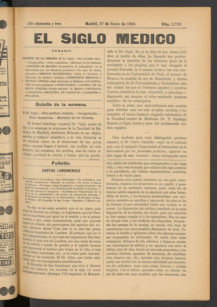 Miniatura de El Siglo Médico: boletín de medicina y gaceta médica del 27 de enero de 1906