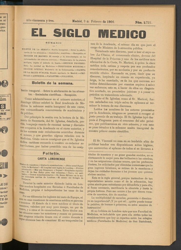 Miniatura de El Siglo Médico: boletín de medicina y gaceta médica del 3 de febrero de 1906