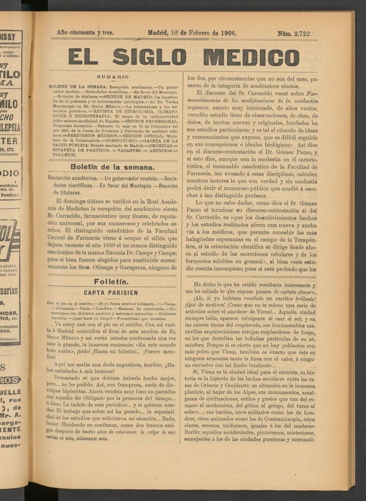 Miniatura de El Siglo Médico: boletín de medicina y gaceta médica del 10 de febrero de 1906