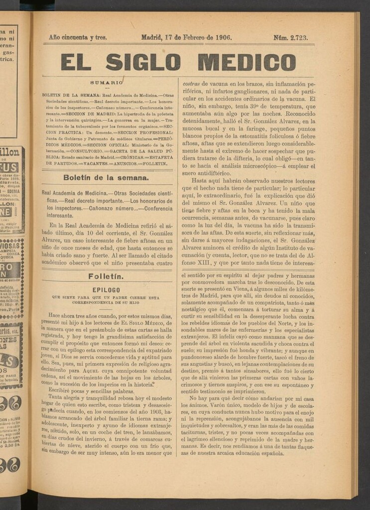 Miniatura de El Siglo Médico: boletín de medicina y gaceta médica del 17 de febrero de 1906
