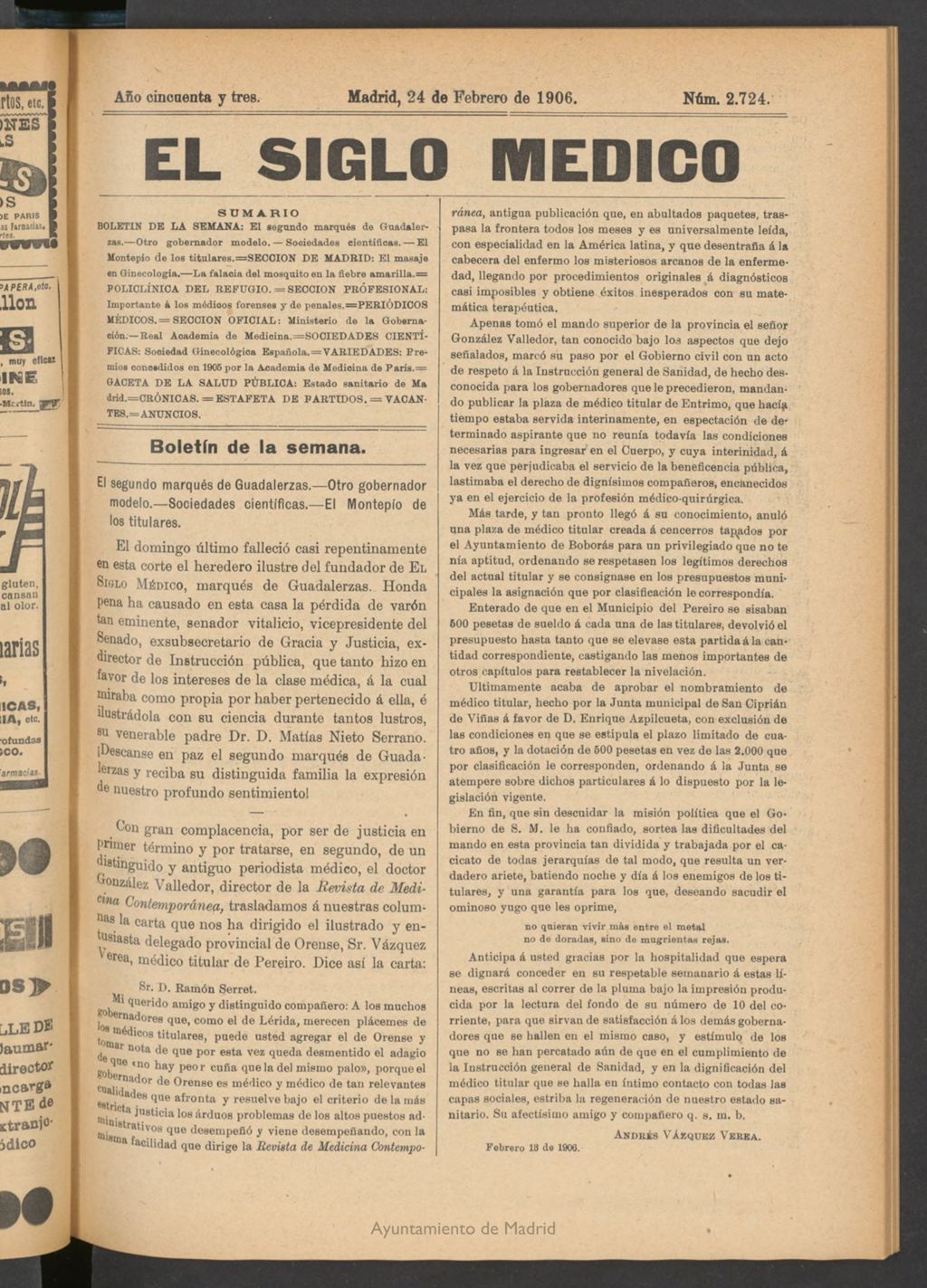 Miniatura de El Siglo Médico: boletín de medicina y gaceta médica del 24 de febrero de 1906
