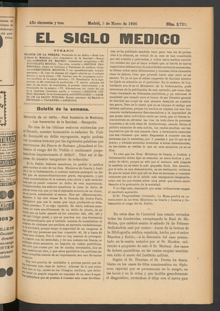 Miniatura de El Siglo Médico: boletín de medicina y gaceta médica del 3 de marzo de 1906
