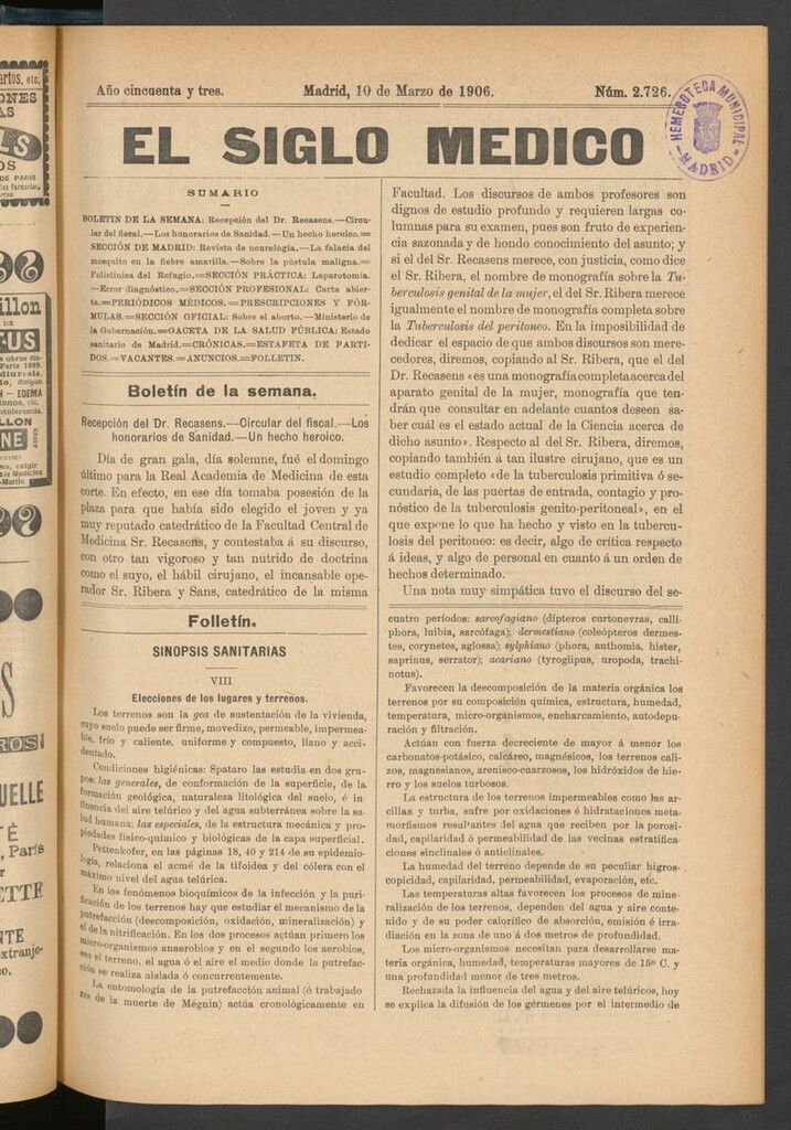 Miniatura de El Siglo Médico: boletín de medicina y gaceta médica del 10 de marzo de 1906