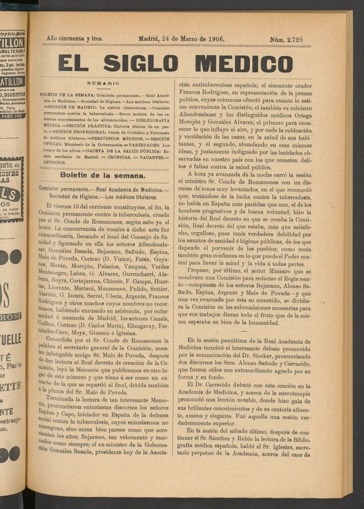 Miniatura de El Siglo Médico: boletín de medicina y gaceta médica del 24 de marzo de 1906