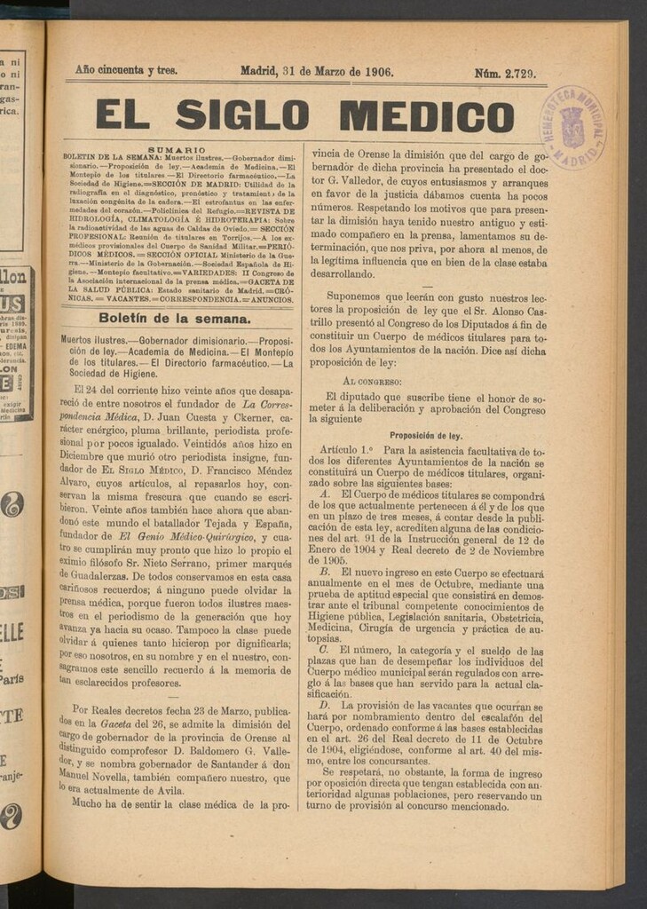 Miniatura de El Siglo Médico: boletín de medicina y gaceta médica del 31 de marzo de 1906