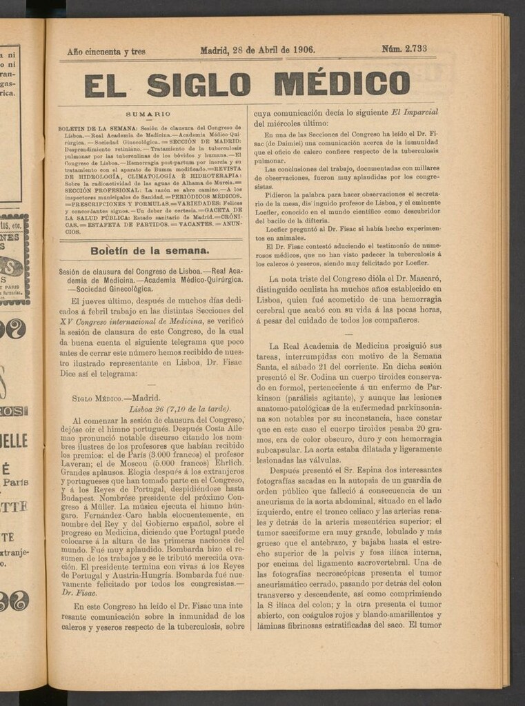Miniatura de El Siglo Médico: boletín de medicina y gaceta médica del 28 de abril de 1906