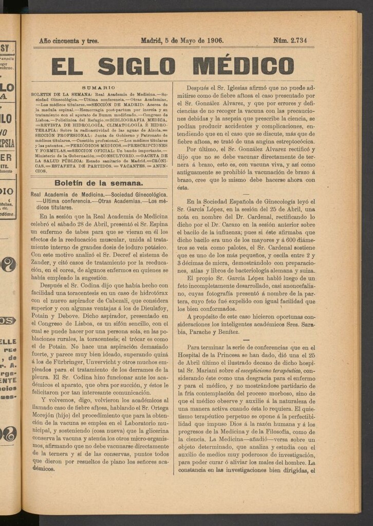 Miniatura de El Siglo Médico: boletín de medicina y gaceta médica del 5 de mayo de 1906