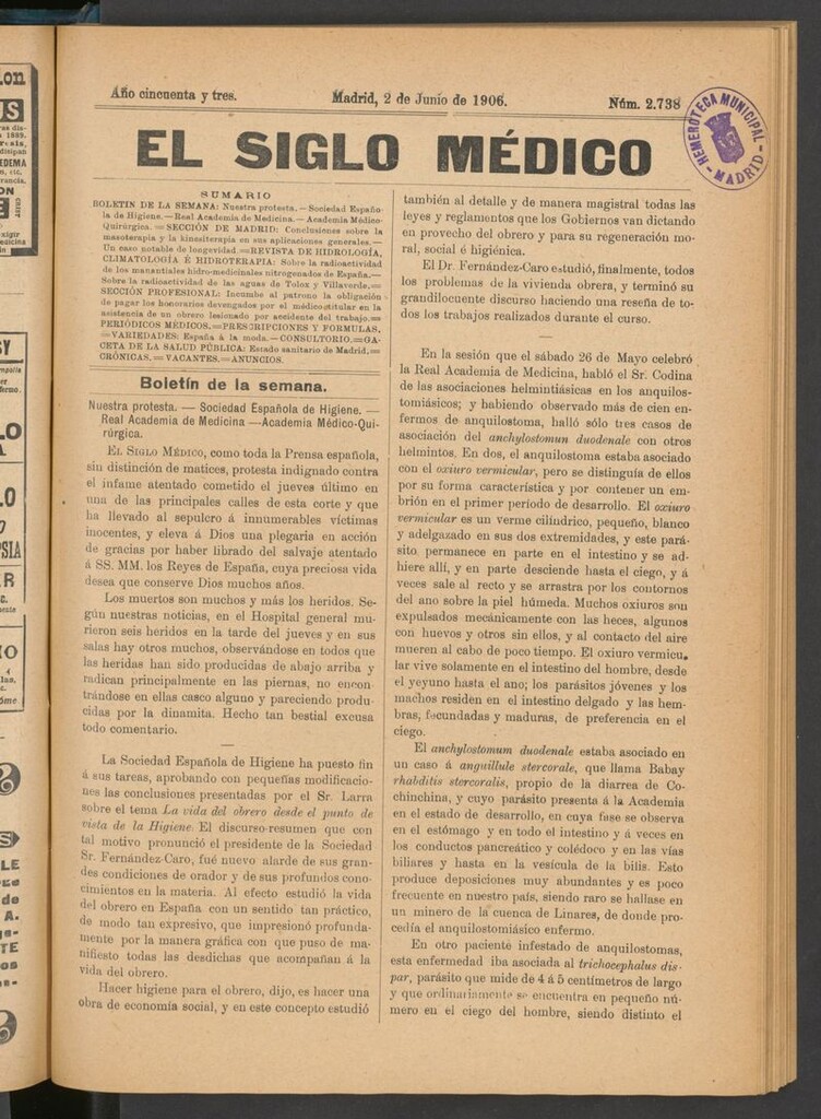 Miniatura de El Siglo Médico: boletín de medicina y gaceta médica del 2 de junio de 1906