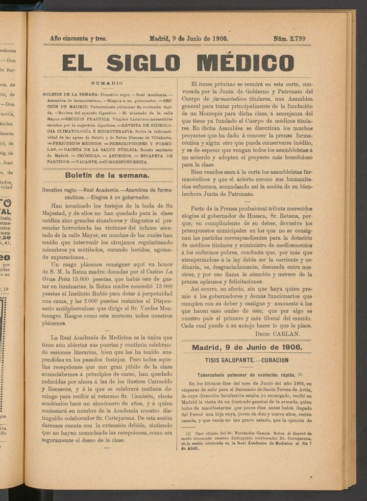 Miniatura de El Siglo Médico: boletín de medicina y gaceta médica del 9 de junio de 1906