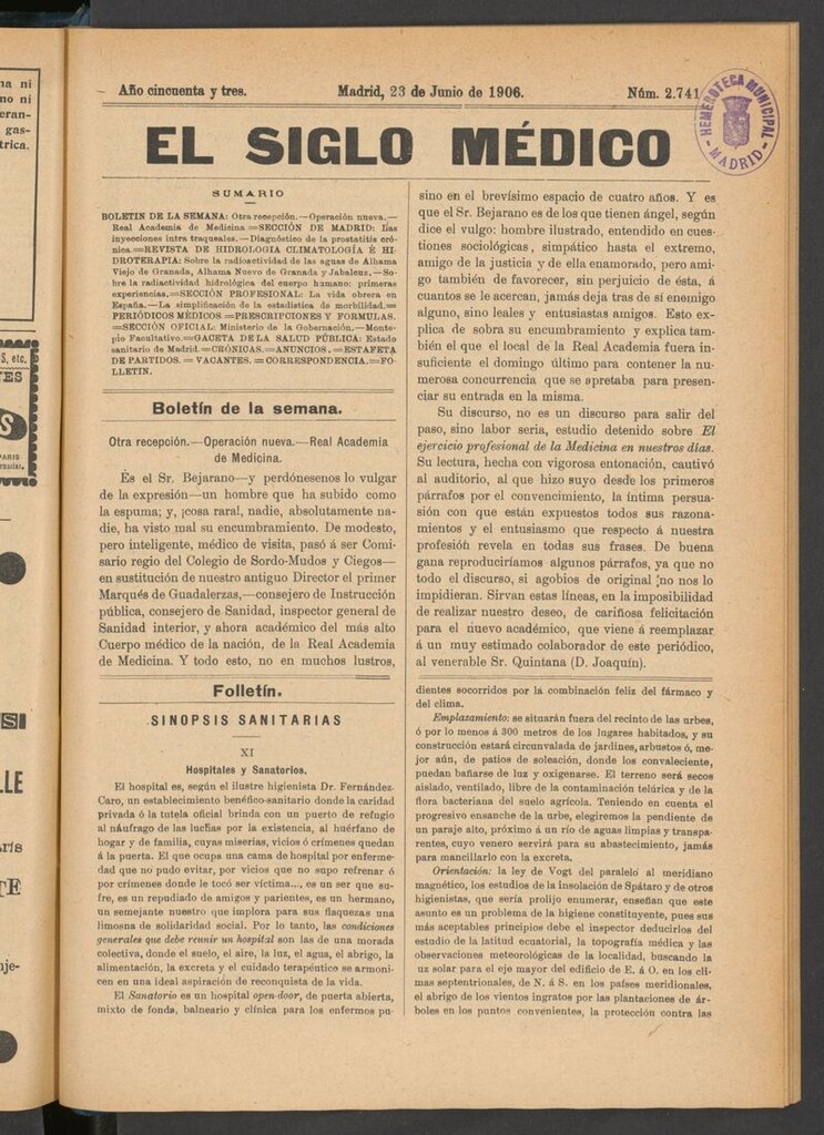 Miniatura de El Siglo Médico: boletín de medicina y gaceta médica del 23 de junio de 1906