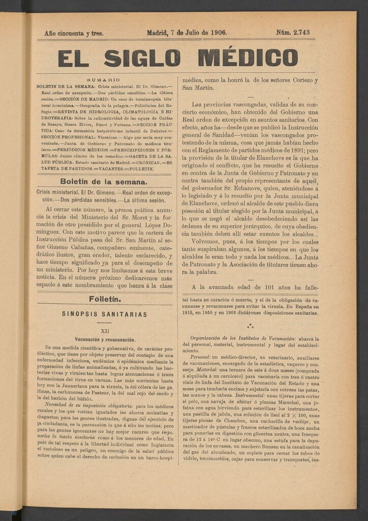Miniatura de El Siglo Médico: boletín de medicina y gaceta médica del 7 de julio de 1906