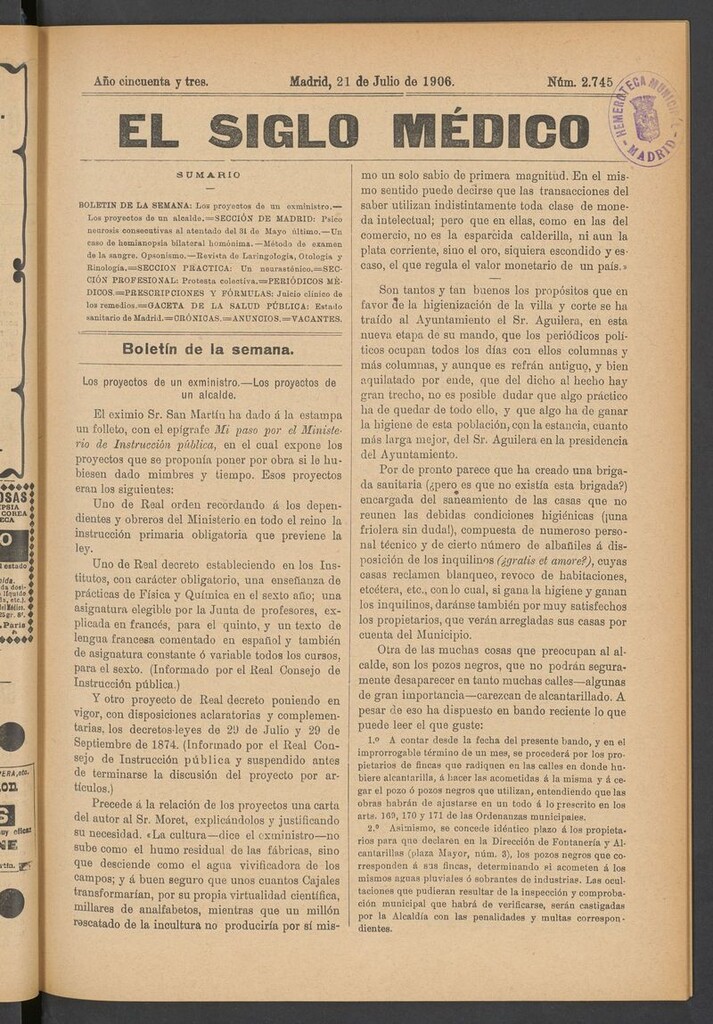 Miniatura de El Siglo Médico: boletín de medicina y gaceta médica del 21 de julio de 1906