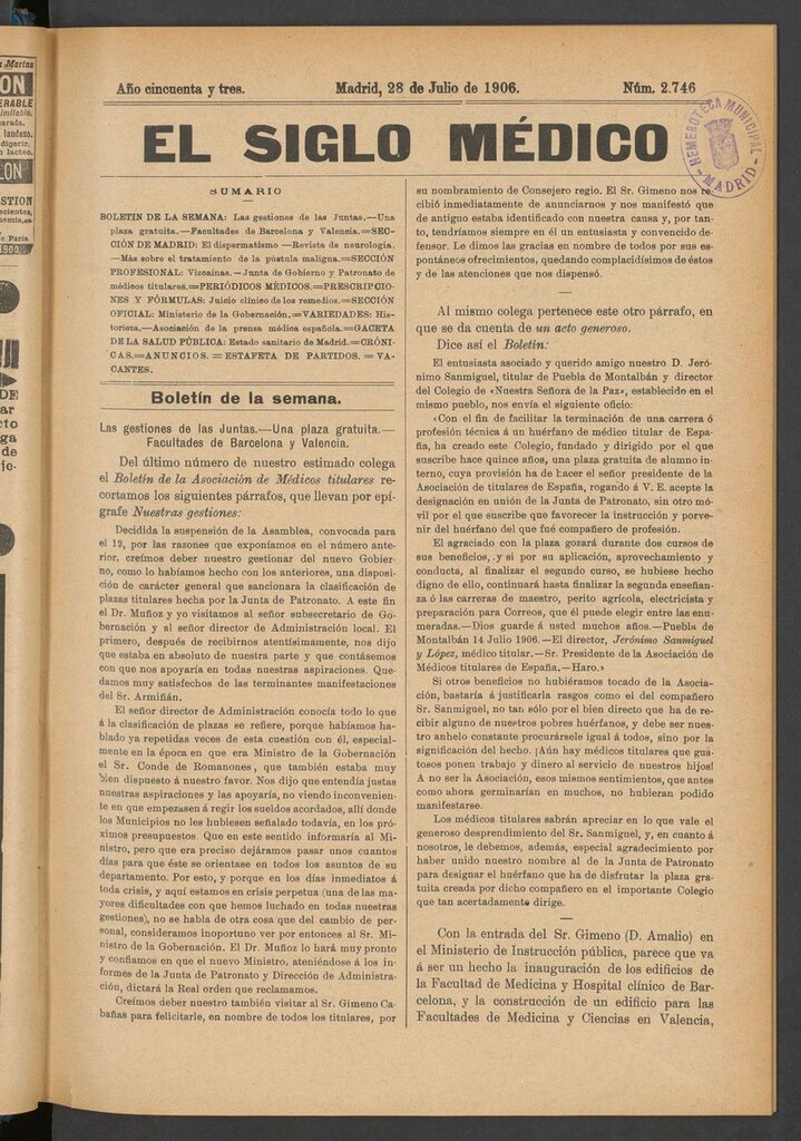 Miniatura de El Siglo Médico: boletín de medicina y gaceta médica del 28 de julio de 1906