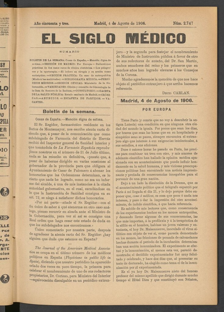 Miniatura de El Siglo Médico: boletín de medicina y gaceta médica del 4 de agosto de 1906