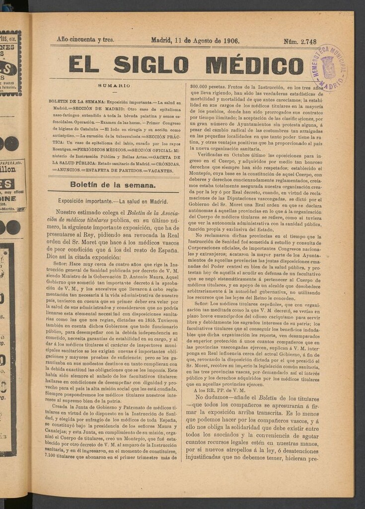 Miniatura de El Siglo Médico: boletín de medicina y gaceta médica del 11 de agosto de 1906